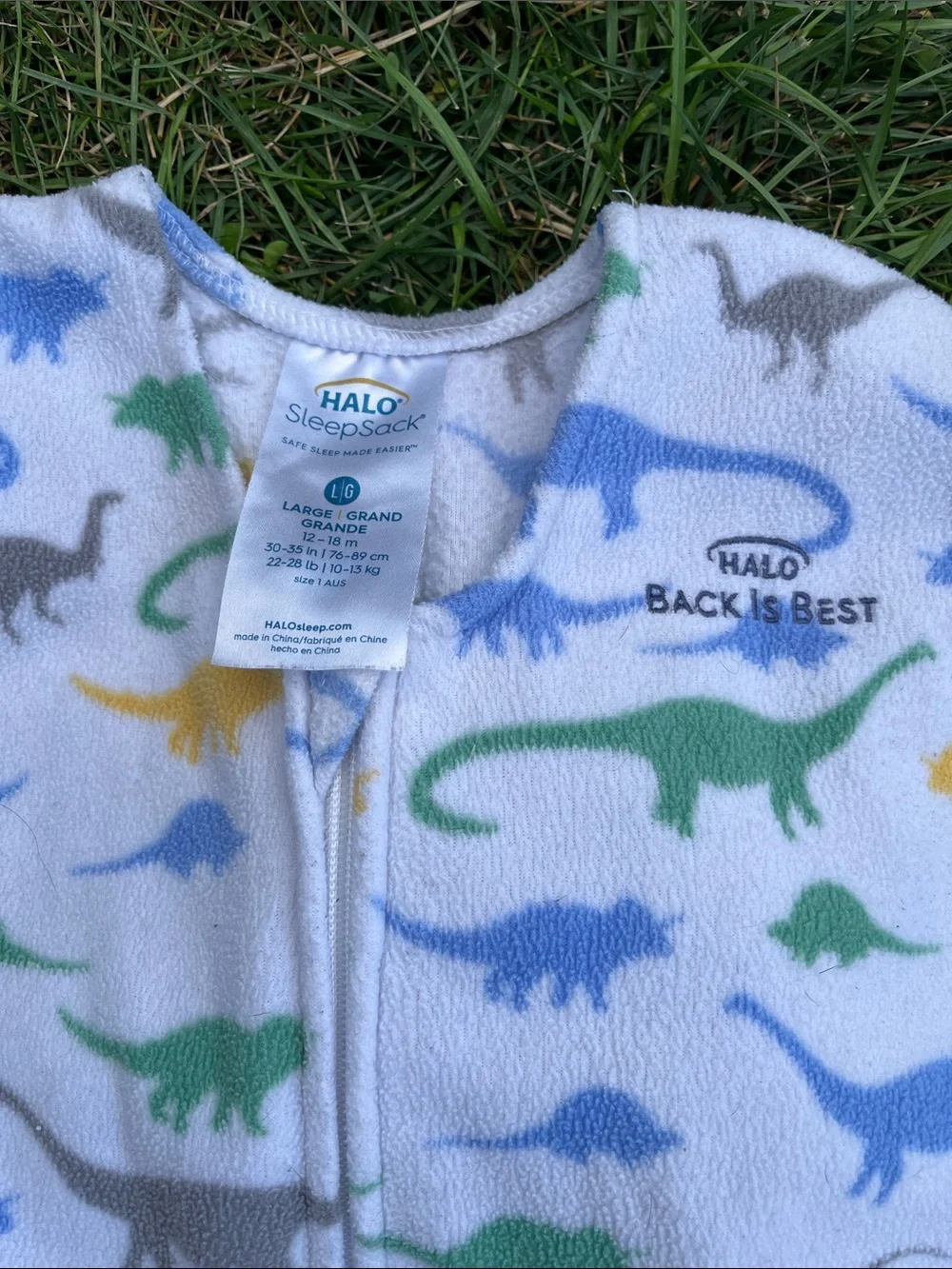 Halo White Fleece Sleep Sack with Blue, Green, Gray & Yellow Dinosaurs